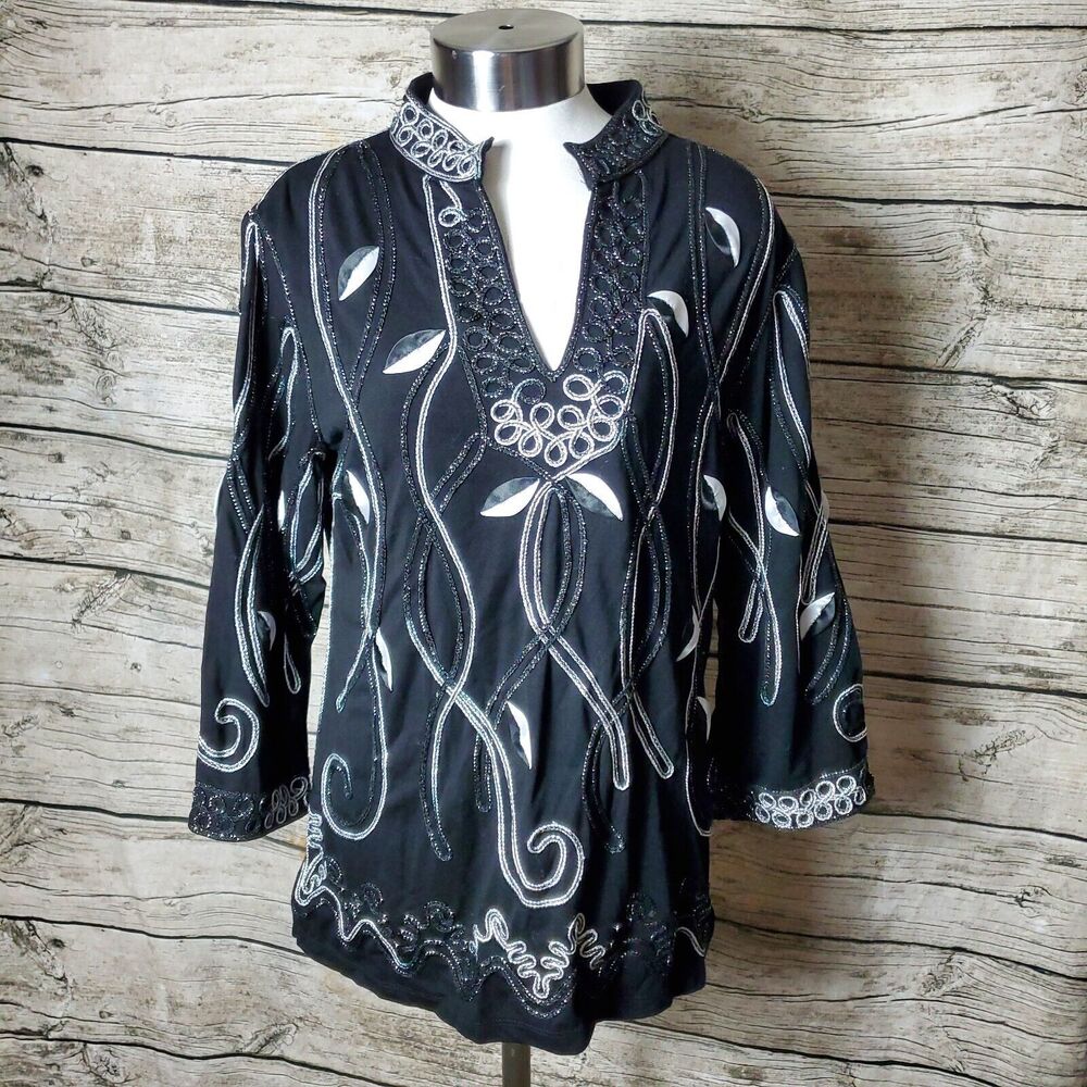 Lauren Michelle Women’s Embroidery Blouses Tops Black Gold Silver Size LARGE